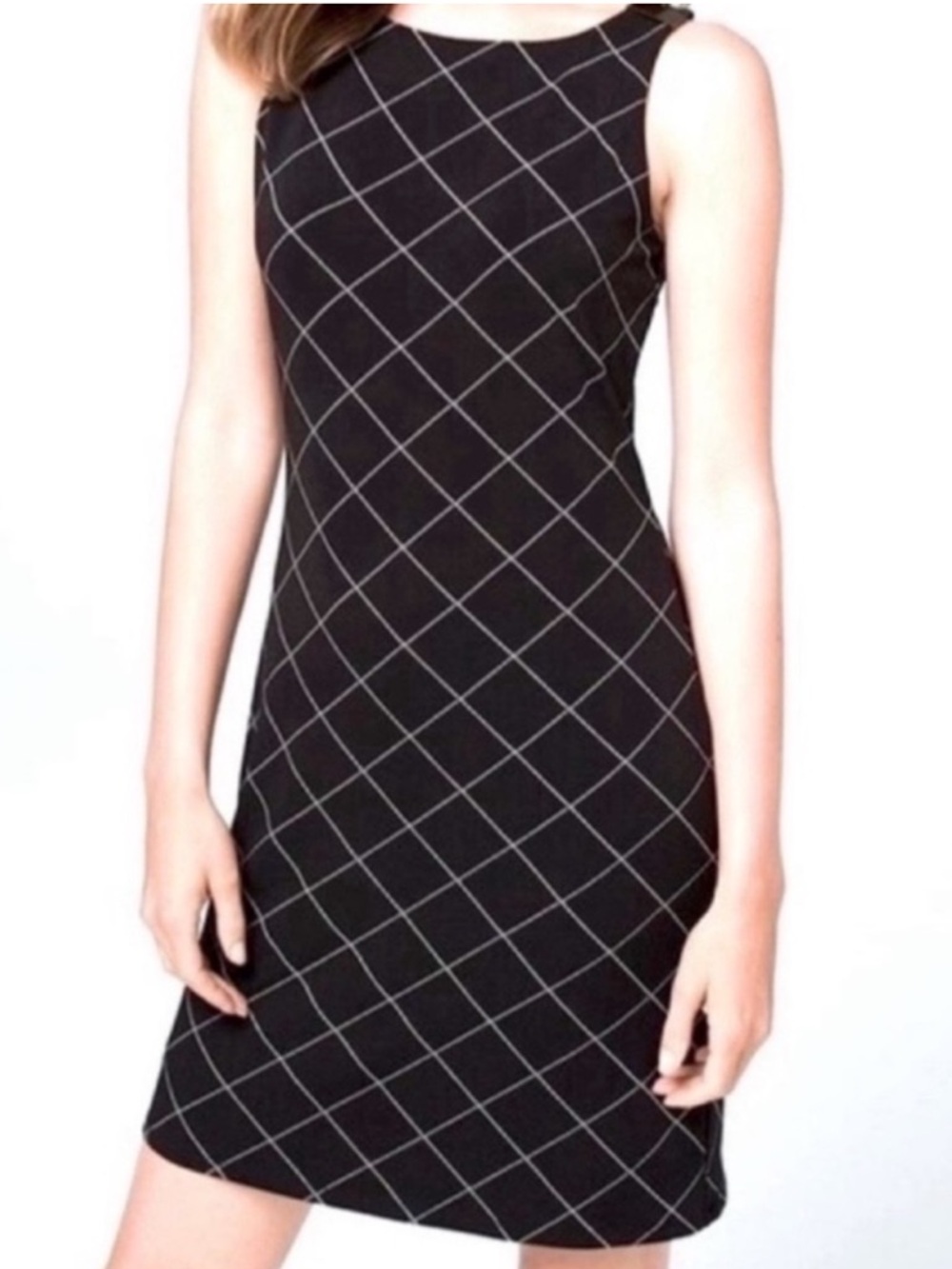 NEW WHBM Sleeveless Dress Cut Out Back Windowpane Print Black White Size S